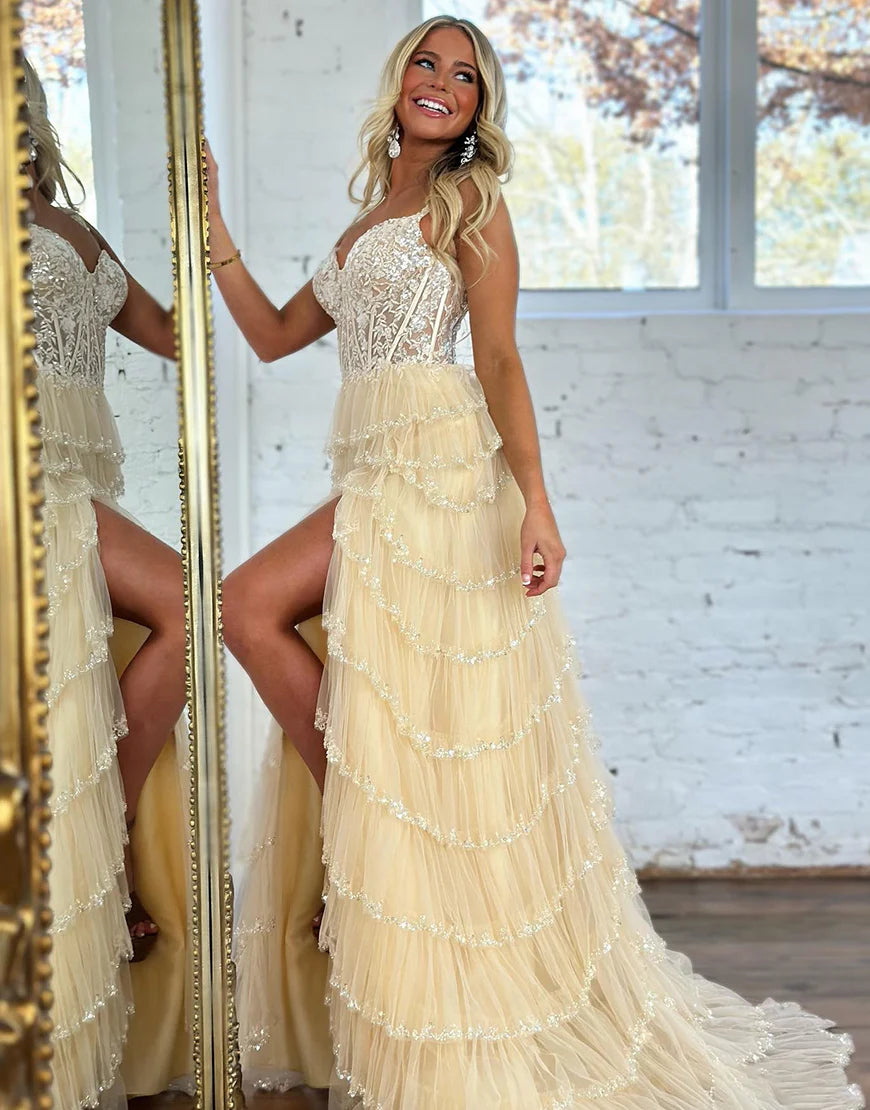 A-Line Sweetheart Tulle Appliques Prom Dresses with Slit