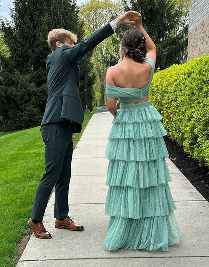A Line Off The Shoulder Two Pieces Long Prom Dress