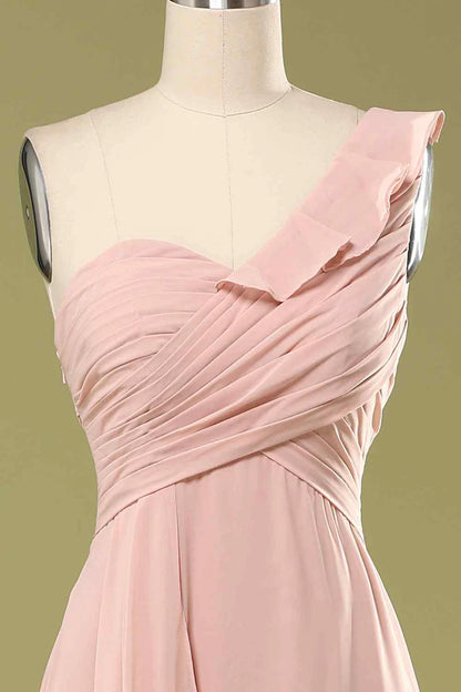 Blush Chiffon A-Line One-Shoulder Retract your waist Ruffled Bridesmaid Dress