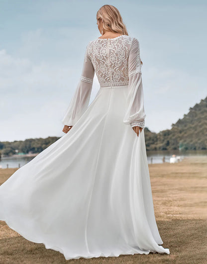 Long Sleeves Ivory A Line Wedding Dress with Lace