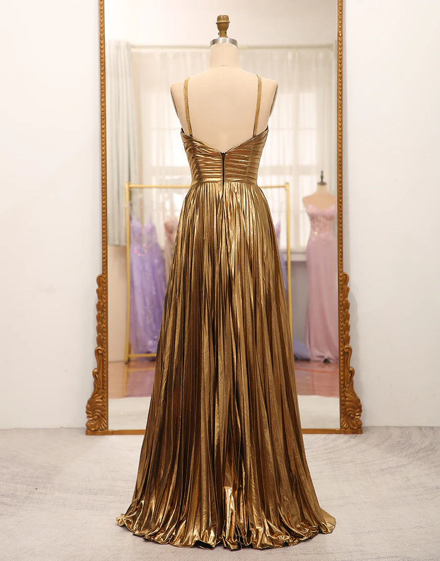 Sparkly Golden A-Line Spaghetti Straps Pleated Prom Dress with Slit