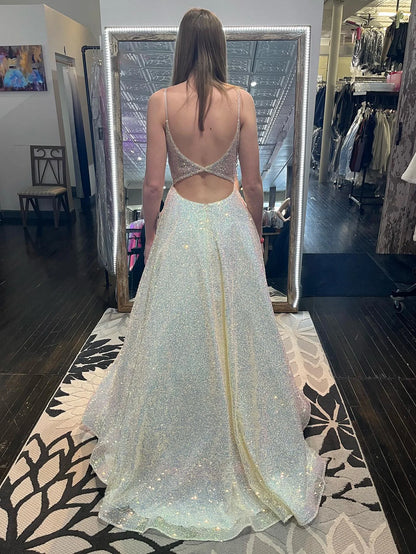 A Line Sparkly Spaghetti Straps Long Prom Dress