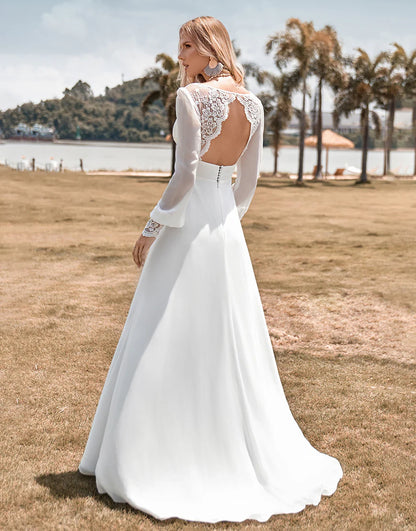 Boho Simple Sheath Long Sleeves Wedding Dress with Lace