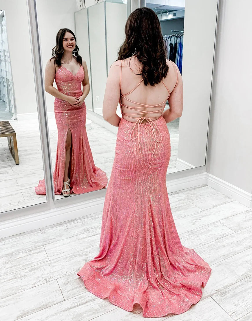 Mermaid Spaghetti Straps Sequin Sparkly Long Prom Dresses with Slit