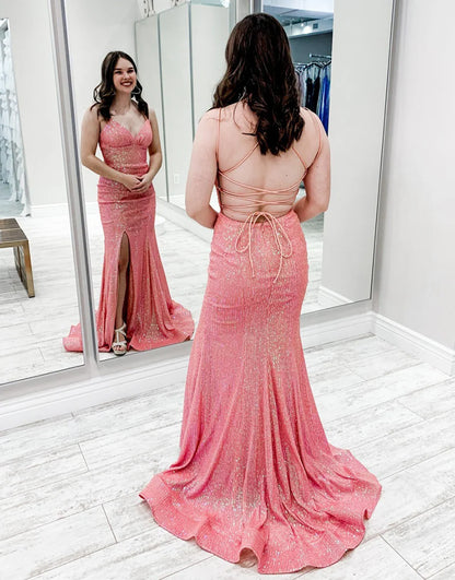 Mermaid Spaghetti Straps Sequin Sparkly Long Prom Dresses with Slit