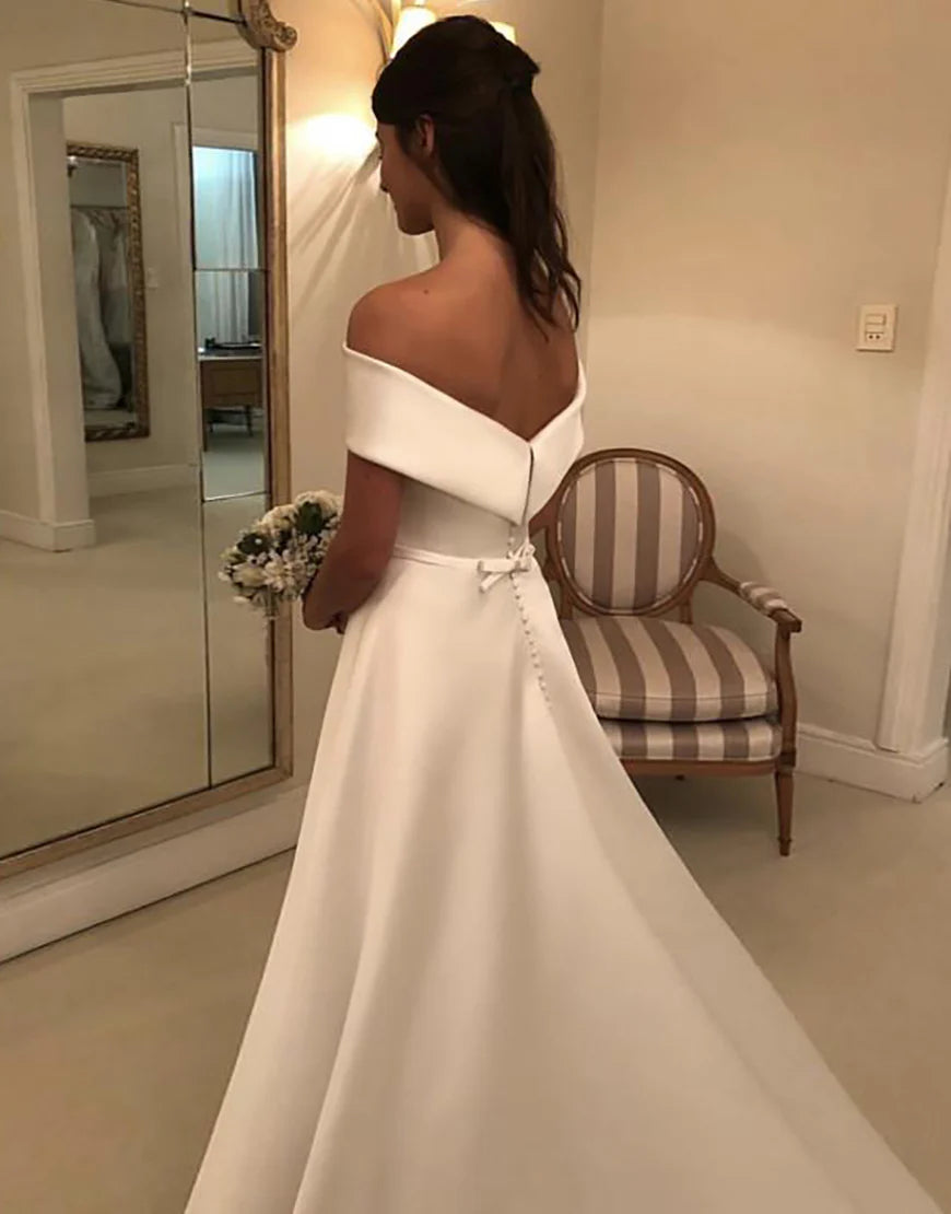 Off the Shoulder A Line Long Bridal Dress