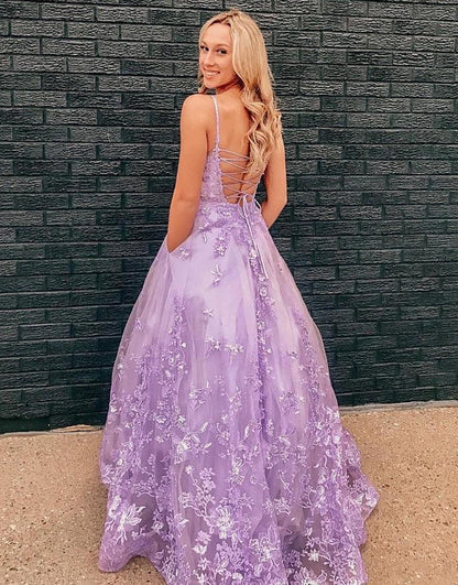 Lilac Tulle Prom Dress with Appliques