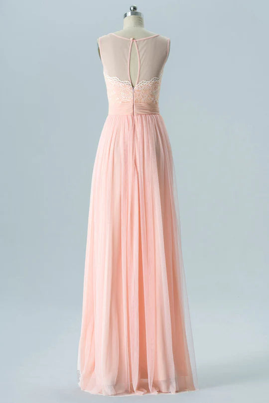 Peach Round neck Embroidered Sleeveless Pleats Bridesmaid Dress