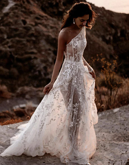 One Shoulder Beach Wedding Dress with Split