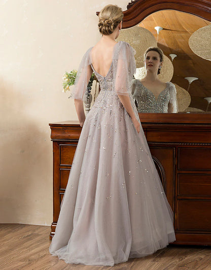 Grey A Line Beading Glitter Mother of Bride Dress