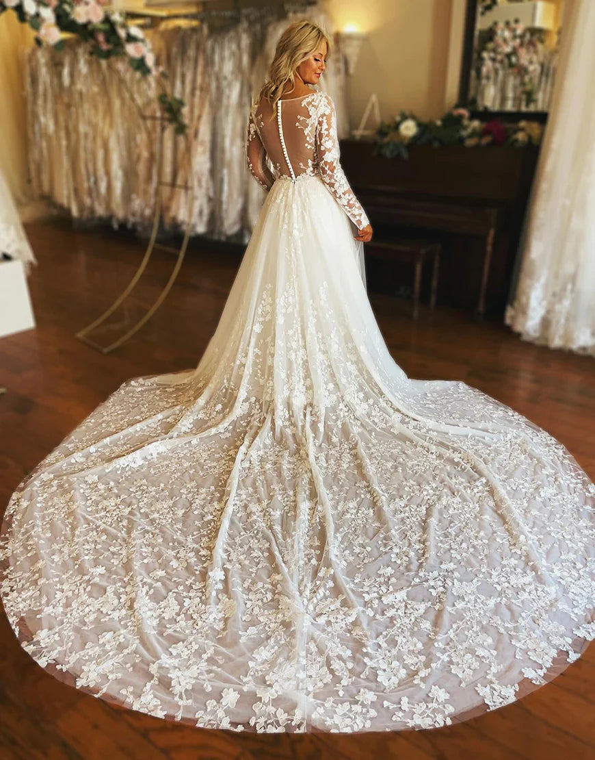 A Line V Neck Long Sleeve Tulle Lace Wedding Dress