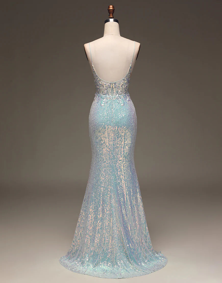 Mermaid Sparkly Sequins Grey Blue Long Prom Dress with Silt