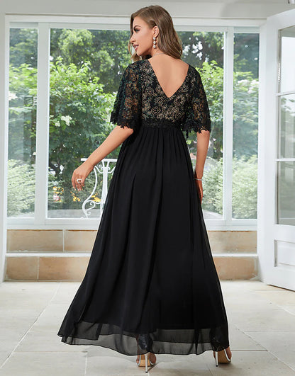 A-line Deep V-neck Short Sleeves Mother of Bride Dress