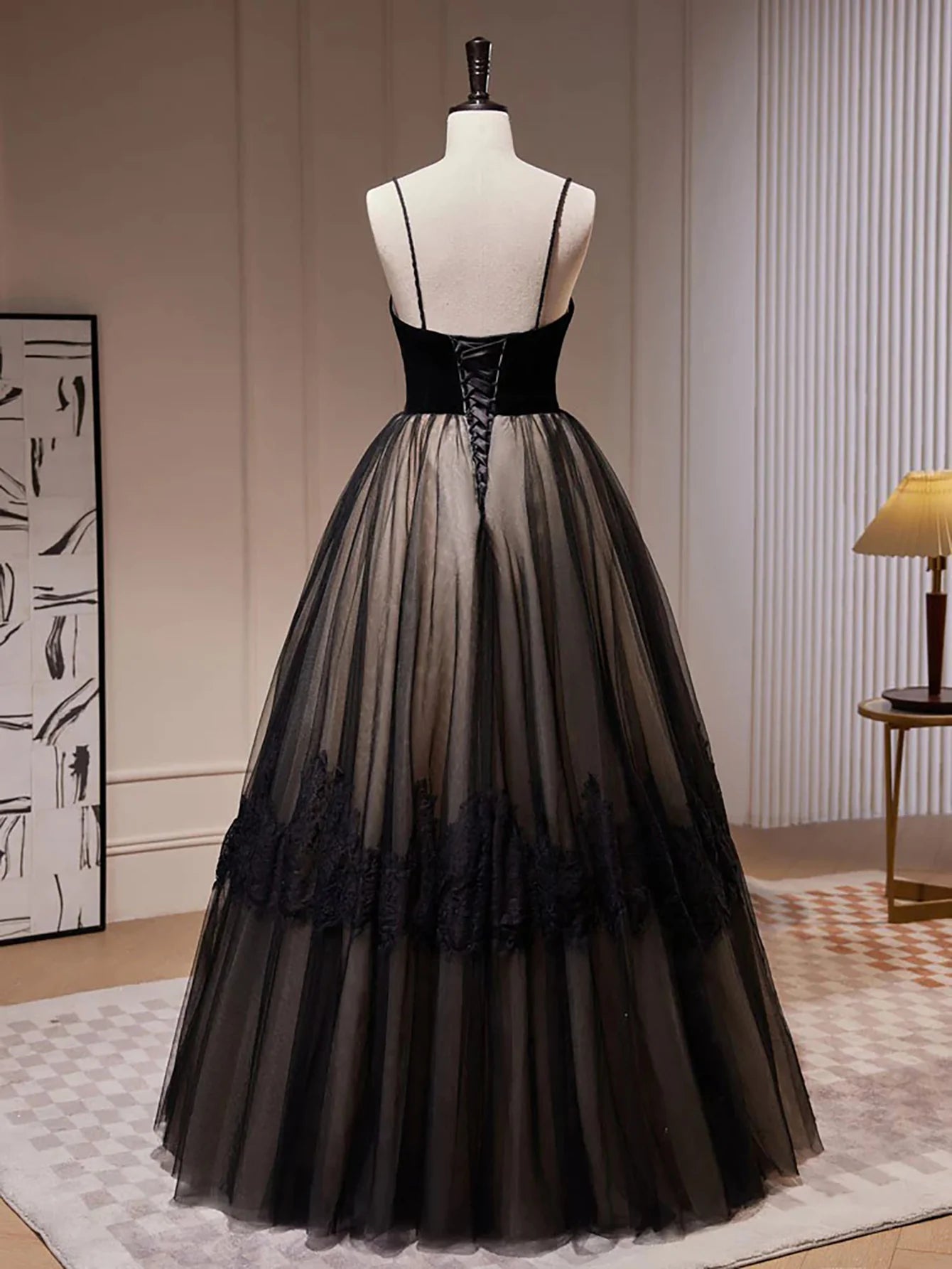 A Line Spaghetti Straps Tulle Long Prom Dress
