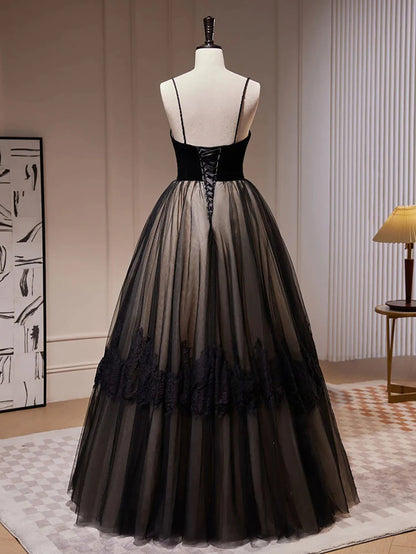 A Line Spaghetti Straps Tulle Long Prom Dress