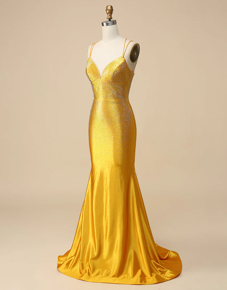 Gold Mermaid V-neck Beaded Long Prom Dress