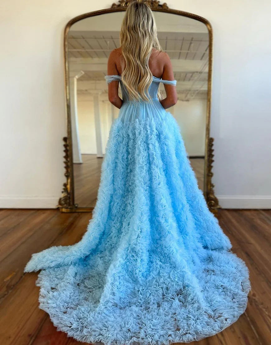 A-Line Off The Shoulder Tiered Long Prom Dress With Slit