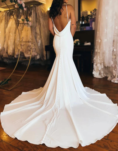Mermaid Simple V Neck Satin Wedding Dress