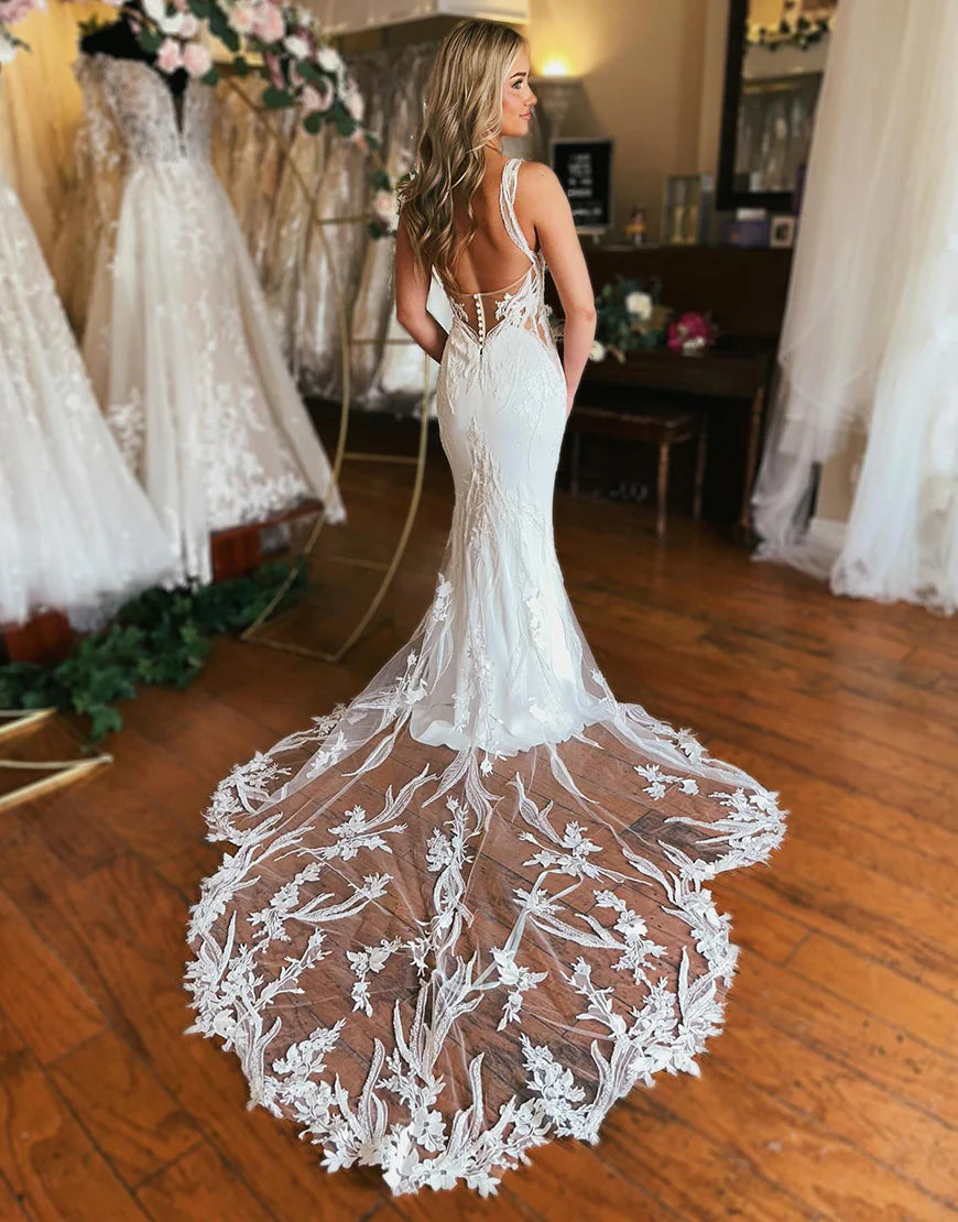 Mermaid V Neck Satin Wedding Dresses with Appliques