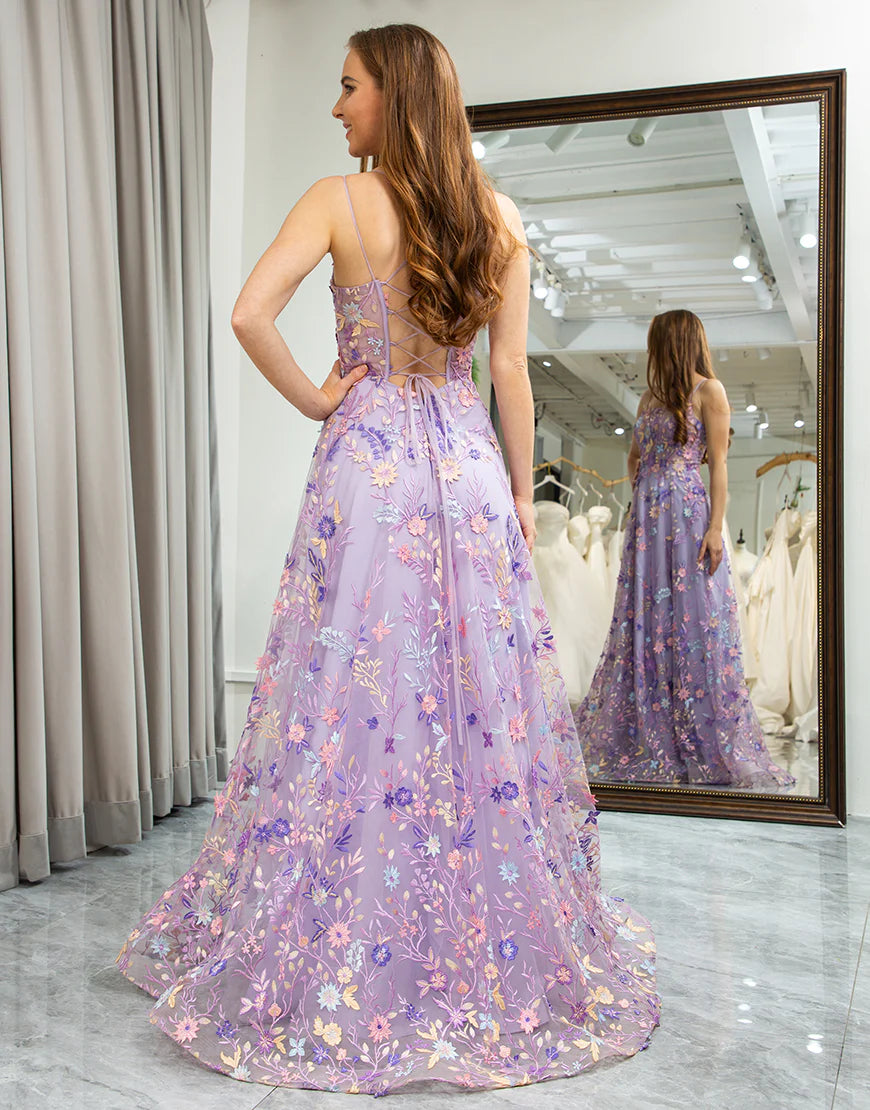 A Line Spaghetti Strap Appliqued Long Prom Dress With Slit
