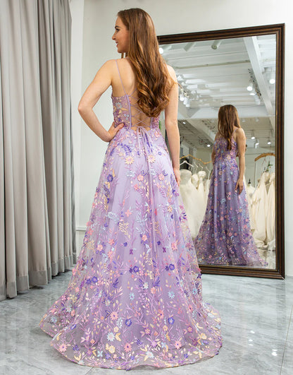 A Line Spaghetti Strap Appliqued Long Prom Dress With Slit