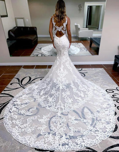 Mermaid V Neck Ivory Chapel Train Long Bridal Dress