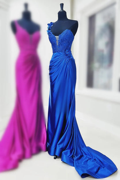 One-Shoulder 3D Floral Lace Pleated Long Gown with Slit