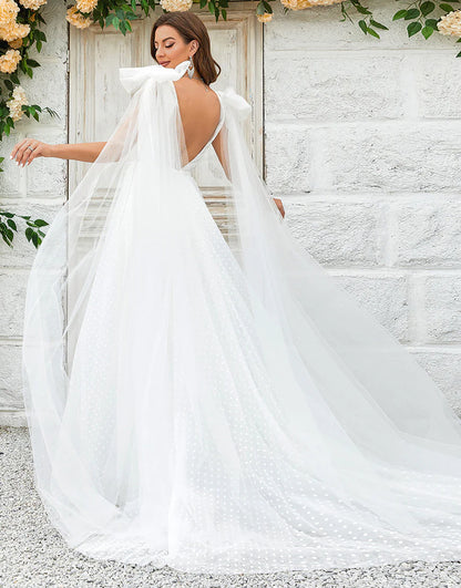 Detachable Watteau Train Tulle Wedding Dress