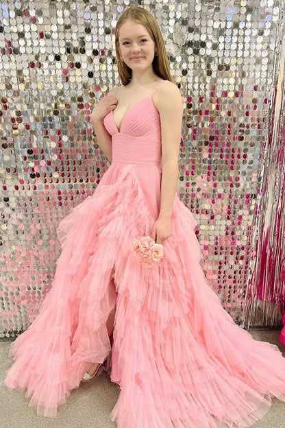 Tulle High-Waist Tiered Long Prom Dress with Ruffles
