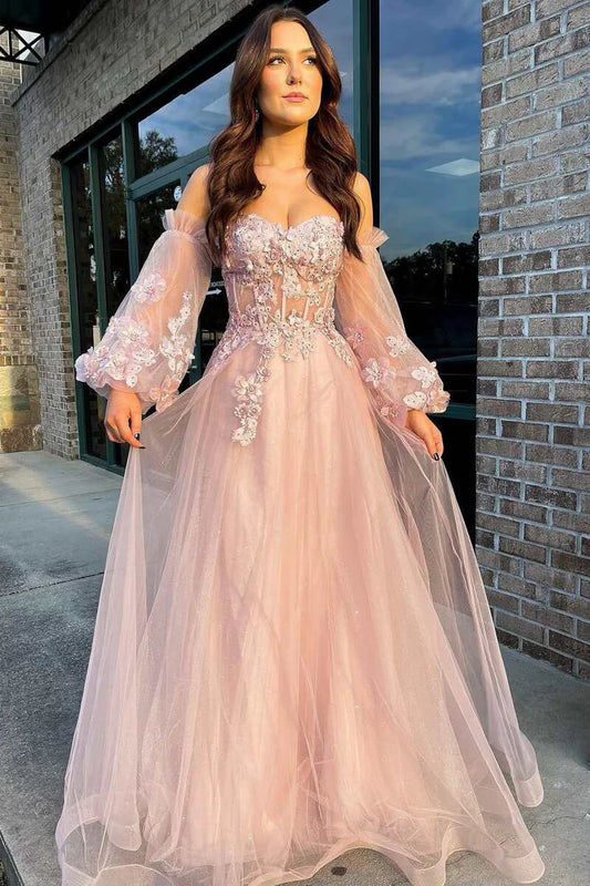 Tulle Strapless A-Line Prom Dress with Balloon Sleeves