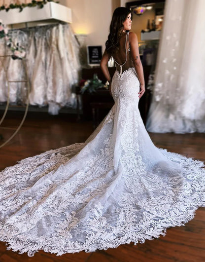 Mermaid Spaghetti Straps Ivory Chapel Train Long Bridal Dress