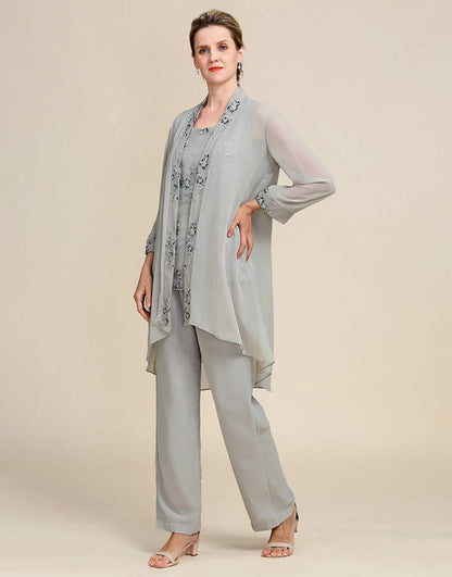 Grey 3 Piece Mother of the Bride Pant Suits with Lace