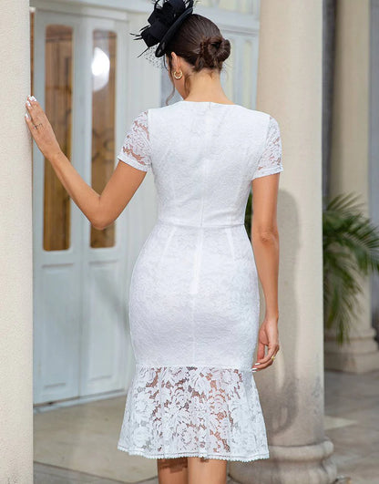 Sheath V Neck White Lace Dress