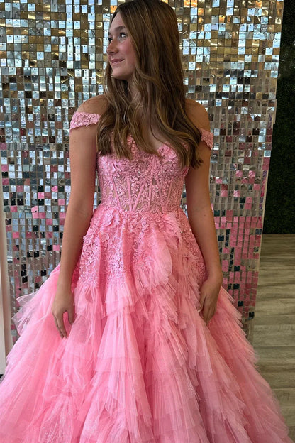 Appliques Off-the-Shoulder Ruffle Tiered Long Prom Dress