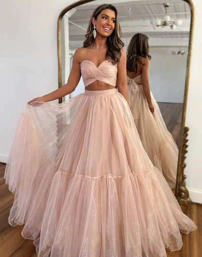 A Line Off The Shoulder Two Pieces Long Prom Dress