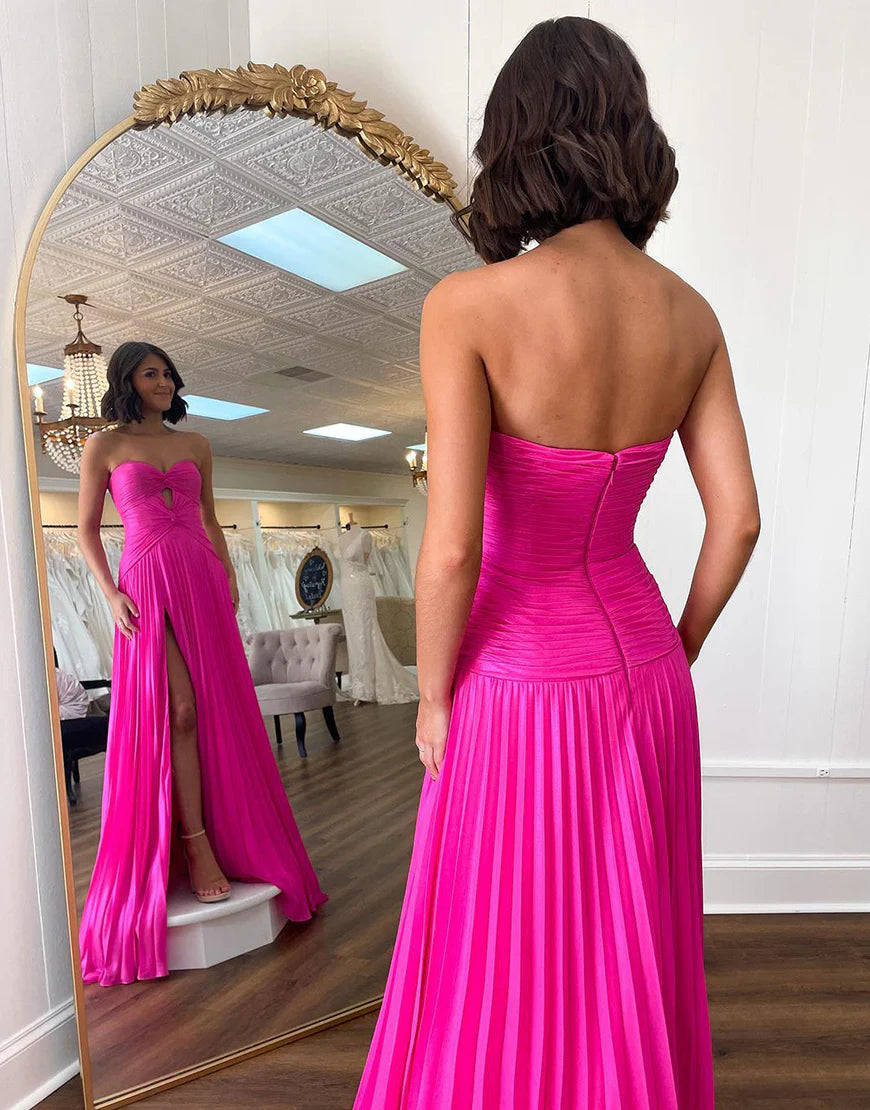 Hot Pink A Line Sweetheart Keyhole Pleated Prom Dress With Slit