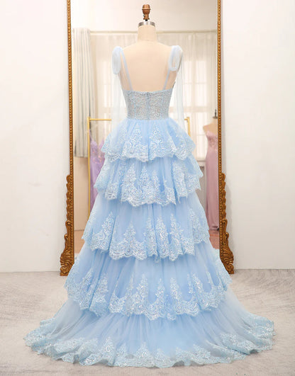 Tiered Tulle Sweetheart Bow Tie Straps Sequin Prom Dress with Appliques