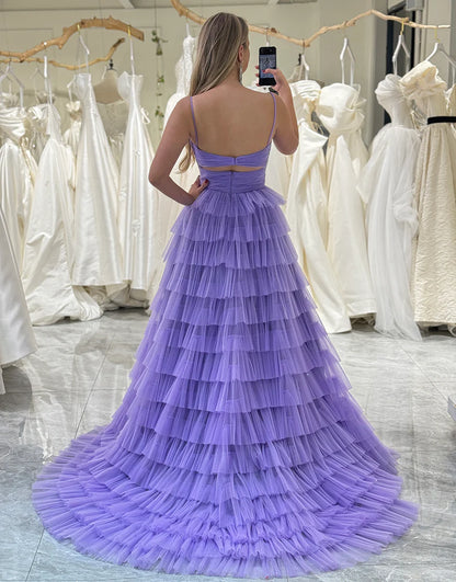 Tulle A Line Long Tiered Prom Dress With Front Slit