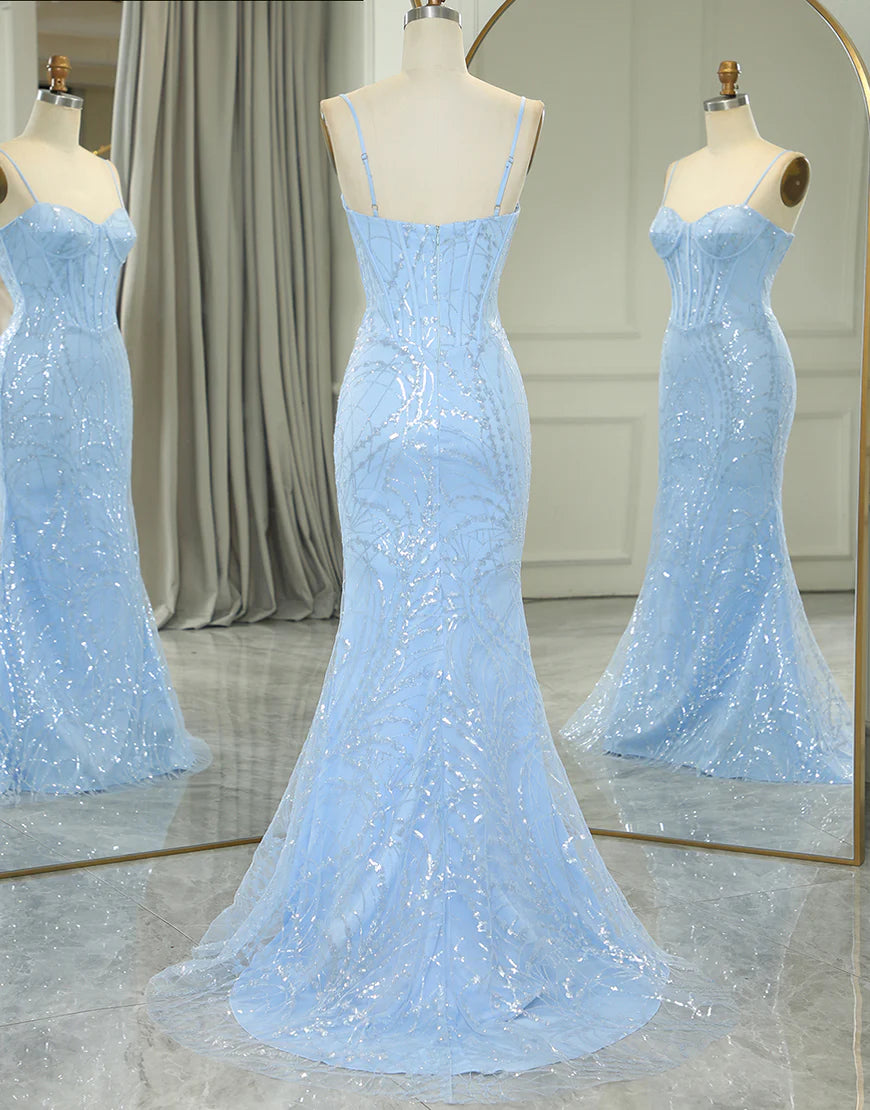 Sparkly Light Blue Mermaid Long Prom Dress With Appliques