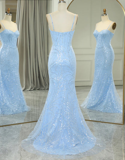 Sparkly Light Blue Mermaid Long Prom Dress With Appliques