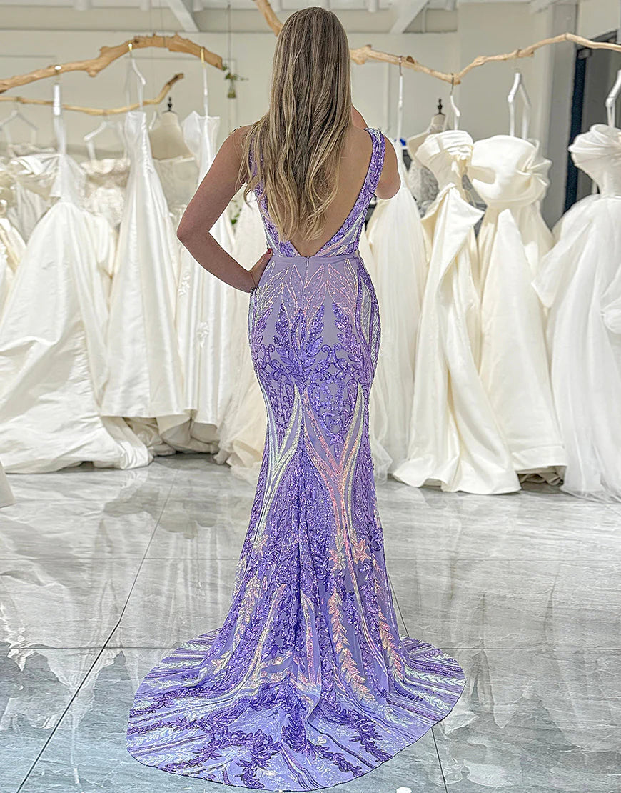 Sparkly Purple Mermaid V-Neck Long Prom Dress With Sequins