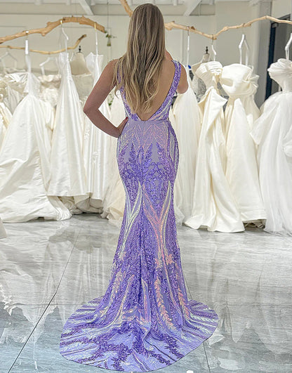 Sparkly Purple Mermaid V-Neck Long Prom Dress With Sequins
