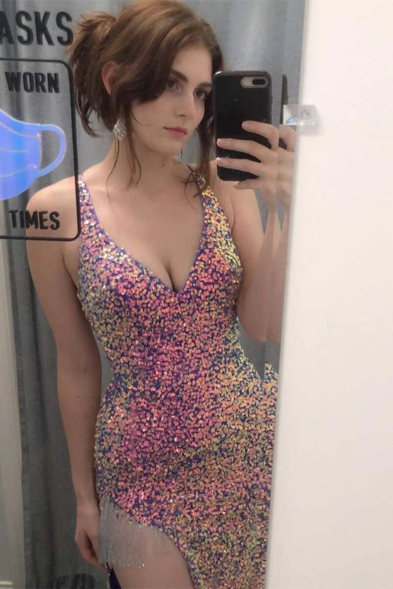 Sequin V-Neck Fringe Mermaid Long Prom Dress