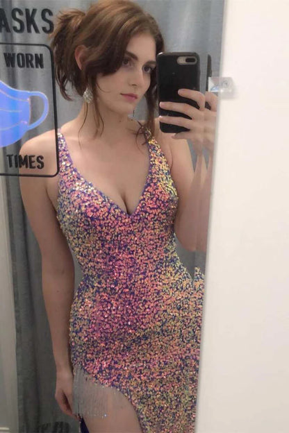 Sequin V-Neck Fringe Mermaid Long Prom Dress