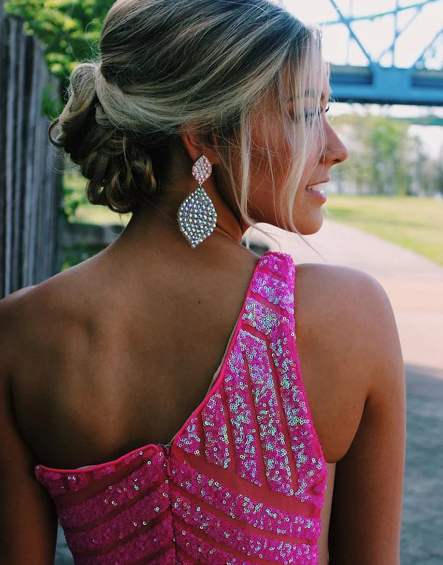 Mermaid Sequin Dark Red One Shoulder Prom Dress