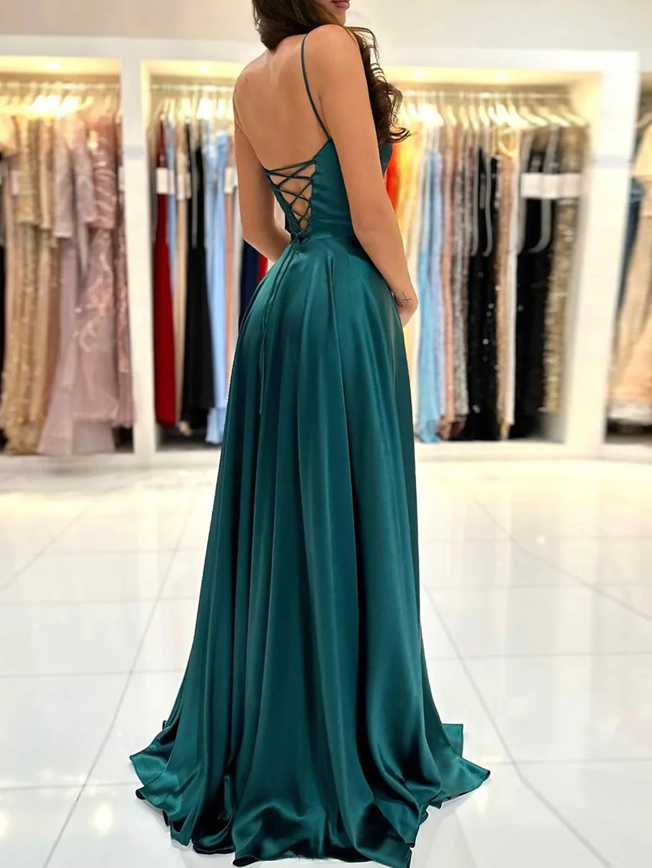 A Line Spaghetti Straps Satin Long Prom Dress
