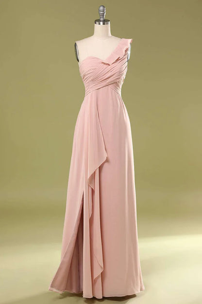 Blush Chiffon A-Line One-Shoulder Retract your waist Ruffled Bridesmaid Dress