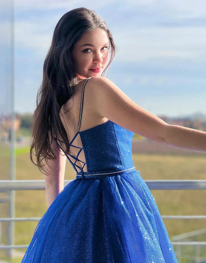 Sparkly A Line Spaghetti Straps Long Prom Dress