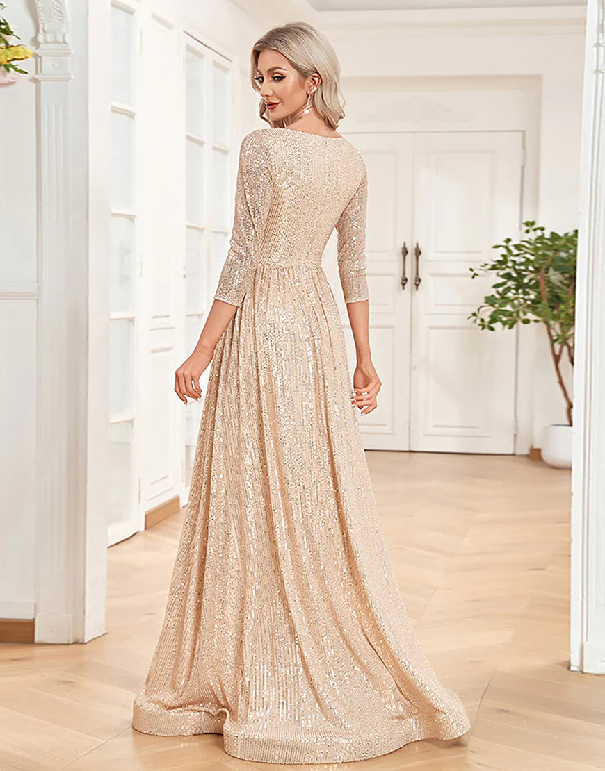 A-Line Glitter Long Mother of the Bride Dress with 3/4 Sleeves