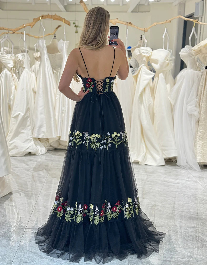 A-Line Long Tulle Prom Dress With Embroidery